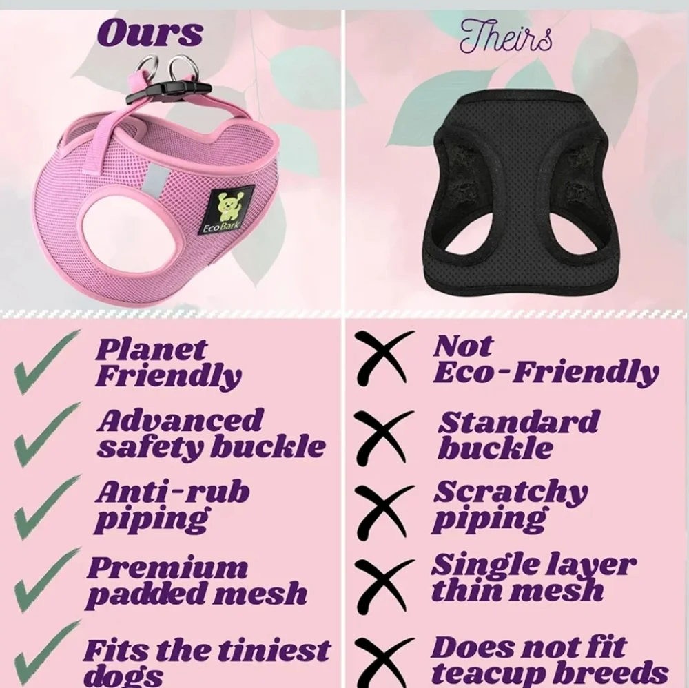 EcoBark | Soft Mesh Dog Harness & Leash | XXS, Baby Pink